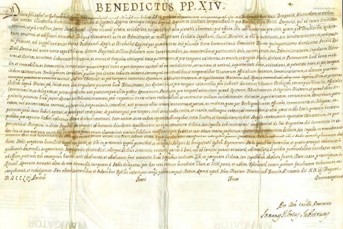 Adicación da capela da Nosa Señora das Angustias e a súa bendición por Benedictus PP XIV. Ano 1756