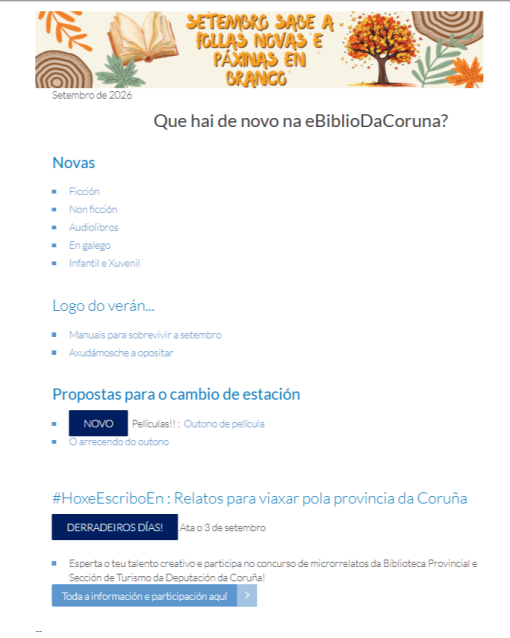 Que hai de novo na eBiblioDaCoruna? Boletín de novas dixital (setembro de 2026)