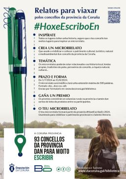 A Deputación pon en marcha unha nova edición de #HoxEscriboEn, un concurso de relatos para fomentar o talento creativo literario, o patrimonio dos concellos e o turismo de proximidade