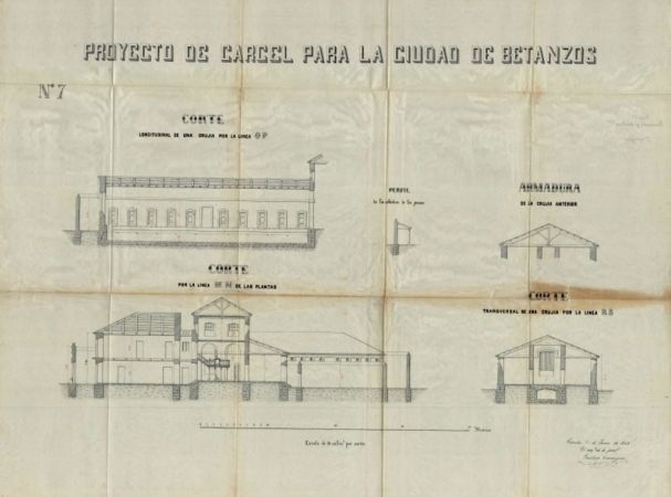 Proxecto do cárcere para a cidade de Betanzos, seccións e detalles. Asinado polo arquitecto provincial Faustino Domínguez. Ano 1865