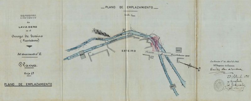 Proxecto do lavadoiro do arroio de Esteiro (Pontedeume). Plano de emprazamento. Asinado polo enxeñeiro Emilio Pan de Soraluce. Ano 1911